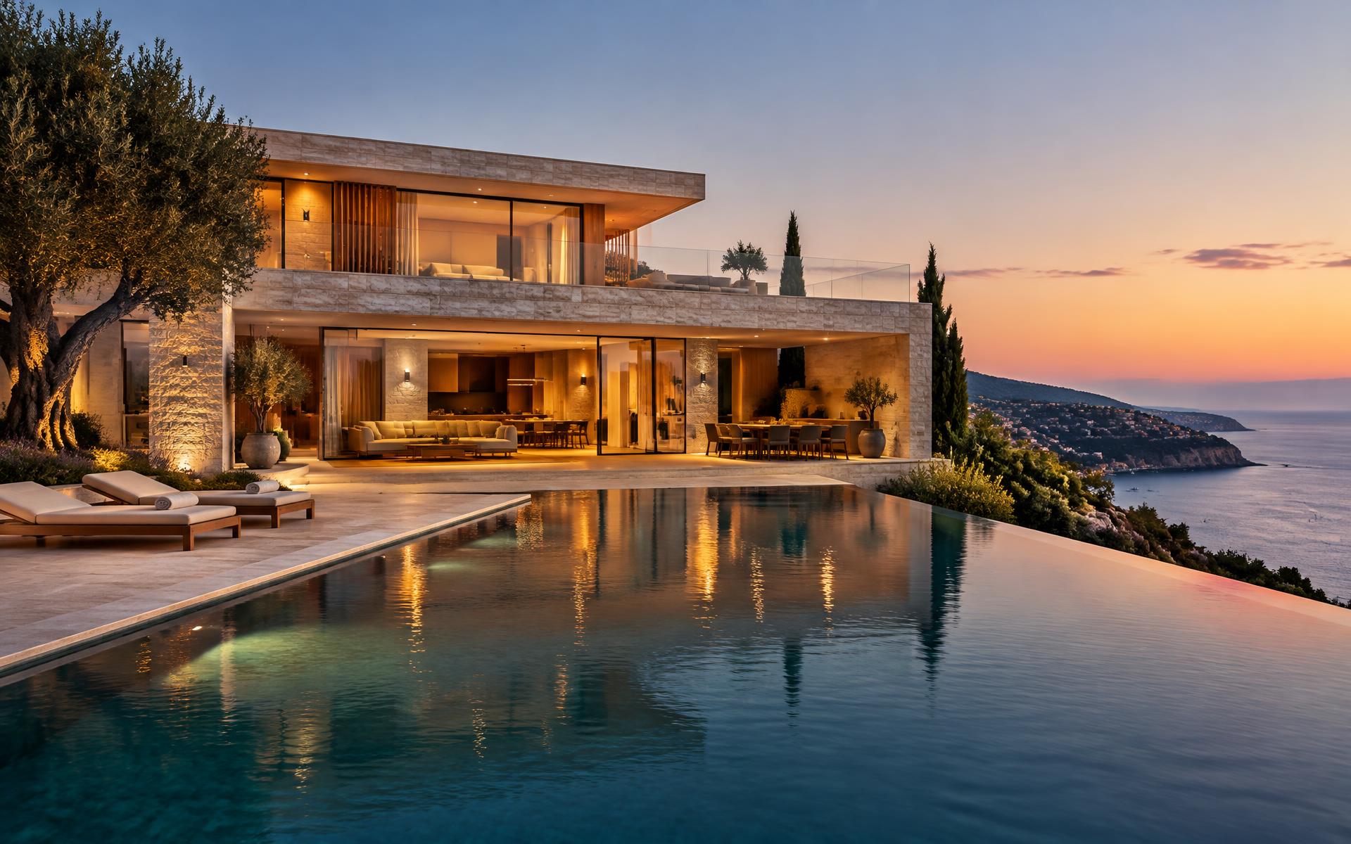 Contemporary Mediterranean villa overlooking the sea at dusk
